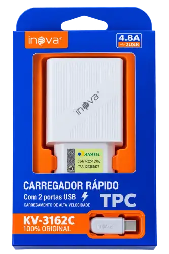 Carregador Rápido Inova TPC 4.8A com 2 Entradas USB + Cabo para iPhone – KV-3162C