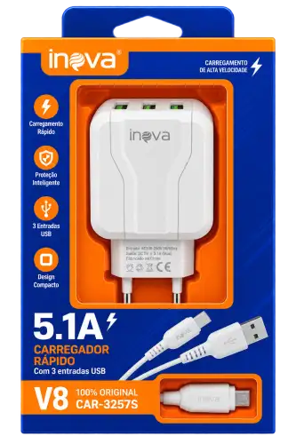 Carregador Rápido Inova 5.1A com 3 Entradas USB + Cabo – V8 CAR-3257B
