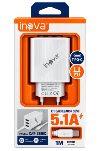 Carregador Inova 5.1A com 3 Entradas USB + Cabo Tipo-C 1 Metro – CAR-3250C