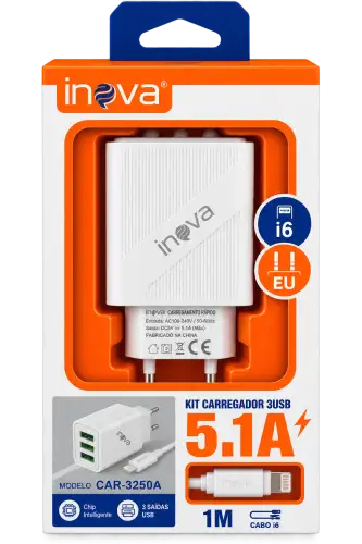 Carregador Inova 5.1A com 3 Entradas USB + Cabo iPhone 1 Metro – CAR-3250A