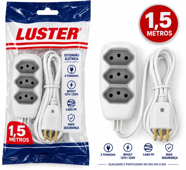 Extensão Elétrica Luster 1,5 Metros 3 Tomadas – Bivolt 127V/220V