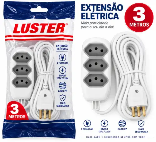 Extensão Elétrica Luster 3 Metros 3 Tomadas – Bivolt 127V/220V