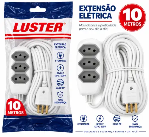 Extensão Elétrica Luster 10 Metros 3 Tomadas – Bivolt 127V/220V