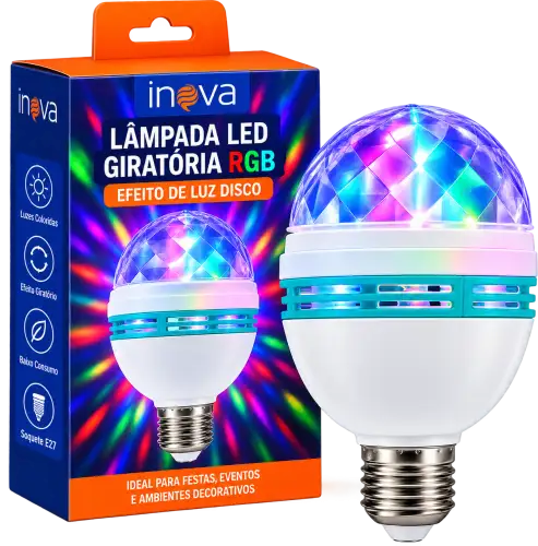 Lâmpada LED Giratória RGB E27 – Luz Colorida Efeito Disco